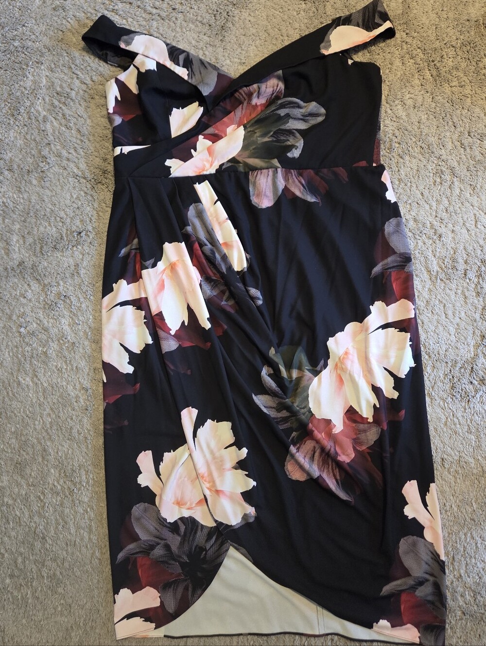 City Chic Black One-Shoulder Floral Wrap Dress